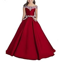Girl's Satin Beaded Pageant Dress with Pockets A Line Off Shoulder Princess Ball Gown Dark Red