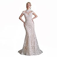 Keting Nude Champagne Lace Mermaid Cap Sleeve Wedding Dress Prom Evening Shower Party Bridal Gown