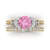 Clara Pucci 2.69ct Round Marquise Cut Solitaire 3 stone With Accent Pink Zircon Statement Bridal Wedding Ring Band Set 14k 2 tone Gold
