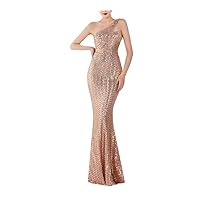Women's Sequin One Shoulder Sleeveless Cocktail Backless Dress Wedding Evening Party Dress (Color : Golden, Size : Small)