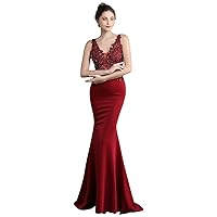 Women's Dresses Long Mermaid Beaded Lace Evening Party Dresses with Train V Neck