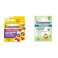Dramamine Motion Sickness Less Drowsy Raspberry Cream Chewable Tablets 12 Count 2 Pack and Nausea Relief Ginger Chews Lemon-Honey-Ginger 20 Count