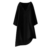 Summer Casual 3/4 Sleeve Cotton Linen Dress for Women Loose Fit V Neck Three Quarter Sleeve Tshirts Dress Tunic Mini Dress
