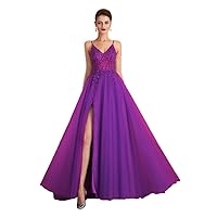 Women's Sleeveless V Neck Evening Dresses A-line Tulle Backless Ball Gown Purple