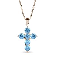 0.99 ctw Natural Round Blue Topaz Cross Pendant 14K Gold. Included 18 inches 14K Gold Chain.