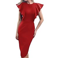 WHO IN SHOP Women's Ruffle Sleeves Back Spilt Bodycon Knee Length Cocktail Party Bandage Dress
