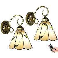 Tiffany Rechargeable Wall Sconces Set of Two,Battery Operated Remote Wall Lighting Indoor Dimmable Yellow Leaves Shade Retro Colorful Wall Lamp Fixture Wall Decor for Bederoom Living Room Hallway