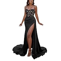 Beaded Spaghetti Straps Prom Dresses with Slit 2024 Sparkly Long Sequin Rhinestones Mermaid Formal Evening Gowns DR0489