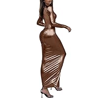 Women Sparkly Metallic Faux Leather Backless Bodycon Long Party Dress Cutout Shiny Maxi Pencil Cocktail Dress