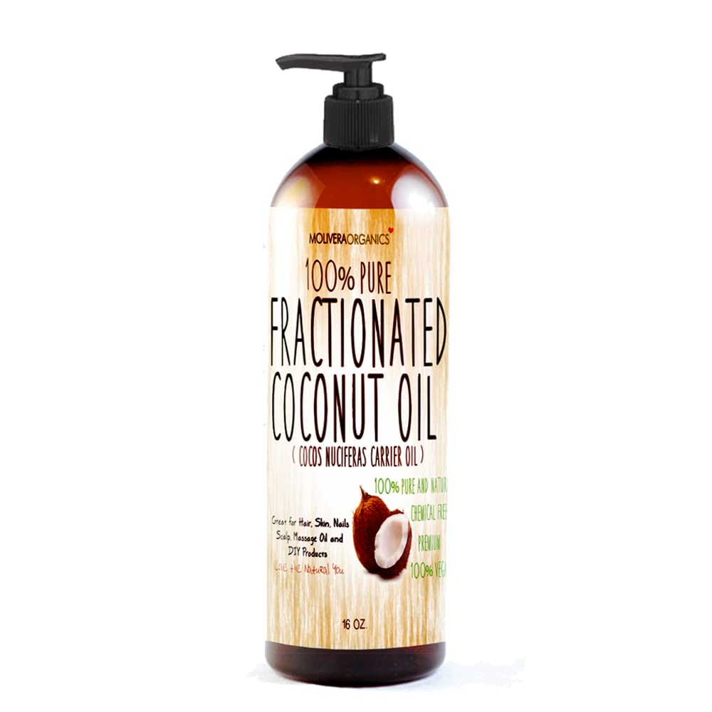 Molivera Organics Fractionated Coconut Oil 16 oz. Premium Grade A, 100% Pure MCT Coconut Oil for Hair, Skin, Massage and Aromatherapy Carrier Oils – Great for DIY - UV Resistant BPA Free Bottle