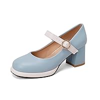 Women's Two Tone Mary Jane Shoes Closed Square Toe High Block Heel Casual Dress Office Pumps Shoes Blue