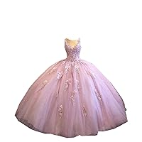 Jewel Neck 3D Floral Flowers Lace Ball Gown Quinceanera Prom Dresses Tulle Applique Beaded
