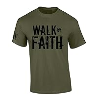Mens Christian Shirt Distressed Walk by Faith Not by Sight Scripture American Flag Sleeve T-Shirt Graphic Tee