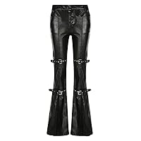 Women PU Leather Flare Pant Goth Buckle Lace Patchwork Pants Fashion Streetwear Vintage Casual Trouesrs