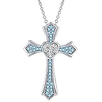 Created Heart Cut Blue Topaz 925 Sterling Silver 14K Gold Over Diamond Heart Cross Pendant Necklace for Women's & Girl's