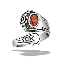 Simulated Garnet Beautiful Flower Ring Vintage Stainless Steel Spoon Band Sizes 6-10