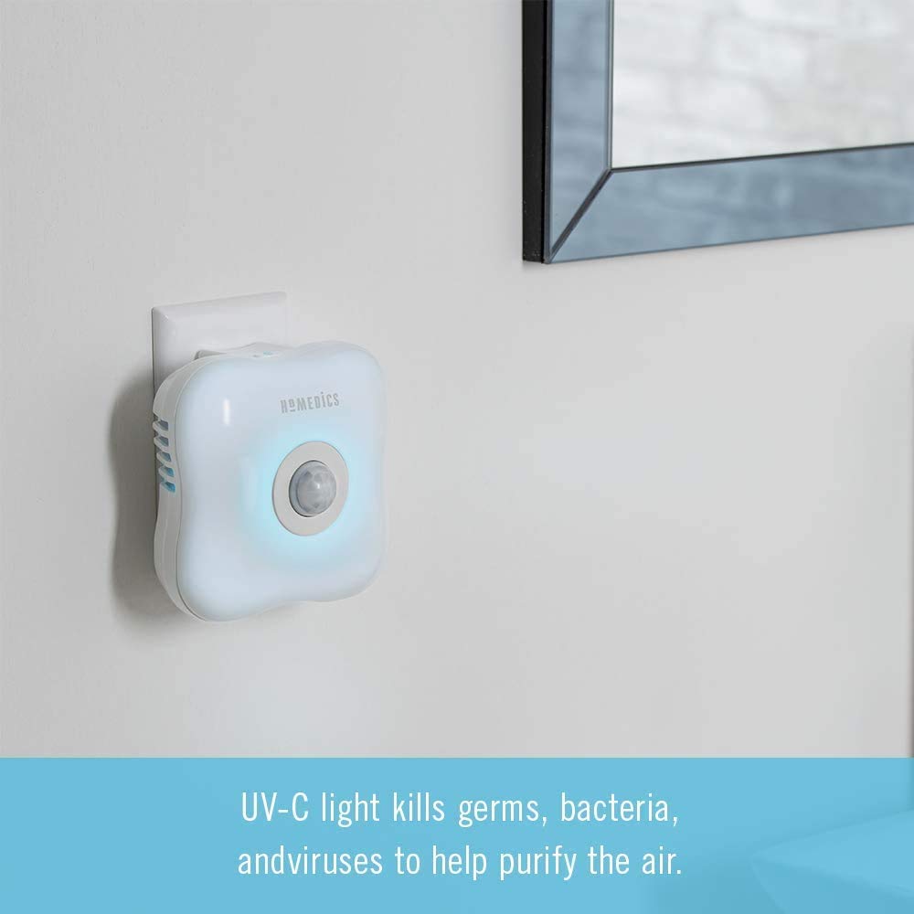 Homedics TotalClean Personal UV-C Plug-In Air Sanitizer – Small Air Purifier for Bedrooms and Bathrooms, Built-In Night-Light for Small Spaces, Auto-On Motion, White