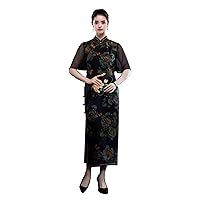 Women Dress Heavy Silk Fragrant Cloud Yarn Peony Printed Mock Neck Half Sleeve Midi Improved Qipao 2821