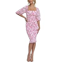 Women's Floral Smocked Bodycon Dress Puff Sleeve Square Neck Shirred Cocktail Midi Dress