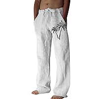 Mens Summer Cotton Linen Pants Coconut Tree Printed Straight Leg Hawaiian Pants Elastic Waist Vintage Yoga Trousers