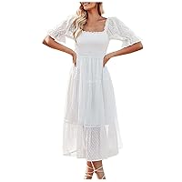 Women Frill Square Neck Puff Short Sleeve Swiss Dot Dress Summer Chiffon Smocked Belted Elegant Empire Waist Dresses