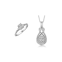 Rylos Women's 14K White Gold Love Knot Ring & Pendant Necklace Set. Gemstone & Diamonds, 8X6MM & 7X5MM Birthstone. 2 PC Perfectly Matched Gold Jewelry.
