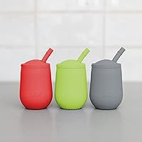 ezpz Mini Cup + Straw Training System 3-Pack (Coral, Lime & Gray) - 100% Silicone Training Cup for Infants + Toddlers - Designed by a Pediatric Feeding Specialist - 12 Months+