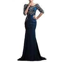 Women's Long Prom Dresses Mermaid Formal Evening Party Gowns Chiffon Beaded Half Sleeves