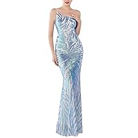 Women's One Shoulder Sleeveless Sequins Mermaid Evening Dress
