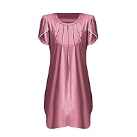 Women's Summer Dress Ladies Summer Fashion Ladies Round Neck Lace Short Sleeve Solid Color Dress(Red,Small)