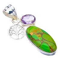 Natural Copper Turquoise Amethyst Tree Handmade 925 Sterling Silver Pendant 1.5