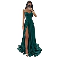 Spaghetti Straps Satin Prom Dress with Slit Long A Line Evening Gowns for Women Satin Formal Dress