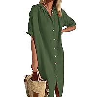 Cotton Linen Dress Button Maxi Dress Short Sleeve Shirt Dress for Women