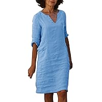 Dresses for Women Loose Women's Fashionable and Comfortable V Neck Half Sleeved Cotton and Linen Summer Casual