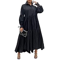 Women Solid Ruffle Maxi Shirt Dress Long Sleeve Button Down Dresses