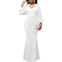 White Evening Gowns for Women Elegant Formal V Neck Lantern Sleeve Long Dress Mermaid Long Sleeve Maxi Dress