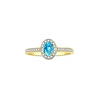 Halo Ring with Diamond & Birthstone - 6X4MM Oval Gemstone Yellow Gold Plated Silver - Elegant Jewelry for Women - Available in Sizes 5-10