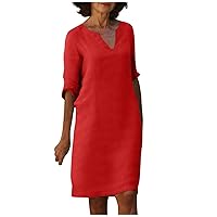 Women's Boho Clothes Retro Solid Color Cotton Linen V-Neck Half Sleeve Dress Light Breathable Dresses 2023