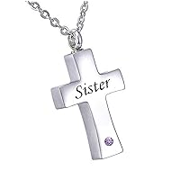 misyou Customized Stainless Steel Memorial February Birthstone Pendant Cremation Cross Pendant Keepsake Necklace （Sister）