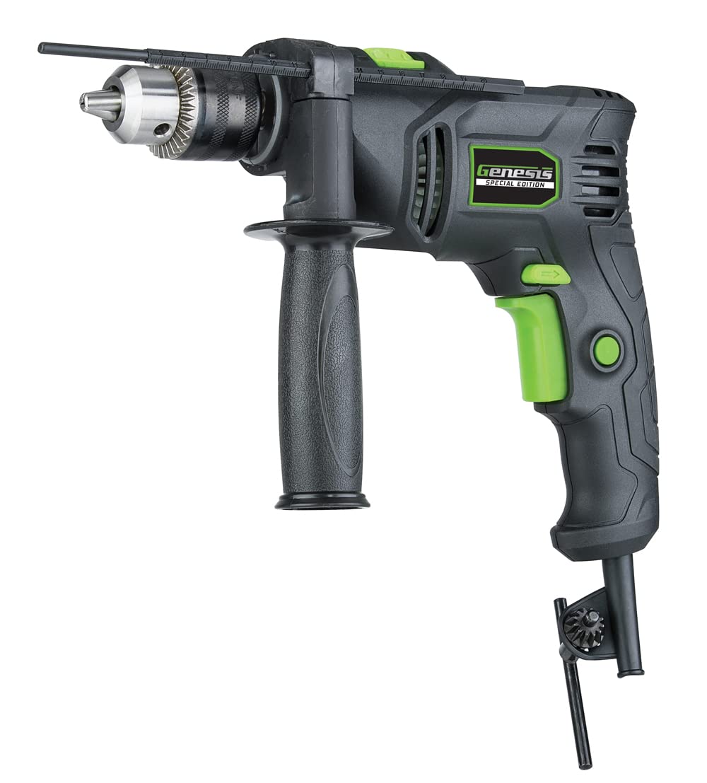 Genesis 1/2 5.0A Variable Speed Reversible Hammer Drill with Auxiliary Handle, Chuck Key and Key Holder and 5ft Power Cord (GHD1250SE)