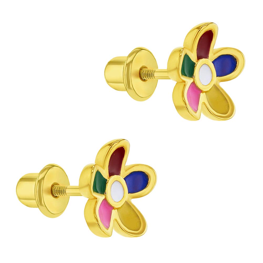 Gold Plated Multicolor Enamel Flower Safety Screw Back Earrings for Toddlers and Little Girls 8mm - Colorful Screw Back Earrings for Young Girls - Floral Themed Jewelry for Girls