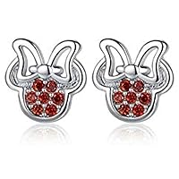 Round Cut Created Red Garnet Mickey Mouse Stud Earring For Women's Girl's Gift 14K White Gold Plated 925 Sterling Silver