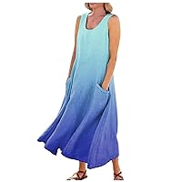 Dresses for Women Sleeveless Summer Tank Dress Crewneck Flowy Maxi Beach Vacation Casual Long Dresses with Pockets