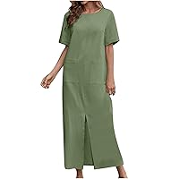 Baggy Crew Neck Maxi Dress for Women 2024 Summer Casual Comfy Linen Short Sleeve Slit Front Beach Dresses with Pockets