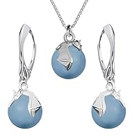 Sterling Silver 925 Jewellery Set for Women Earrings Dangling Necklace with Pearls Bat Chain with a Pendant for Her Drop for a Girl Gift in Box