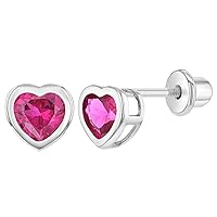 Rhodium Plated Heart Bezel Cubic Zirconia Screw Back Earrings for Little Girls - Safety Screw Back Studs for Baby Girls, Kids & Young Girls - Sparkling Small Heart Love Earrings