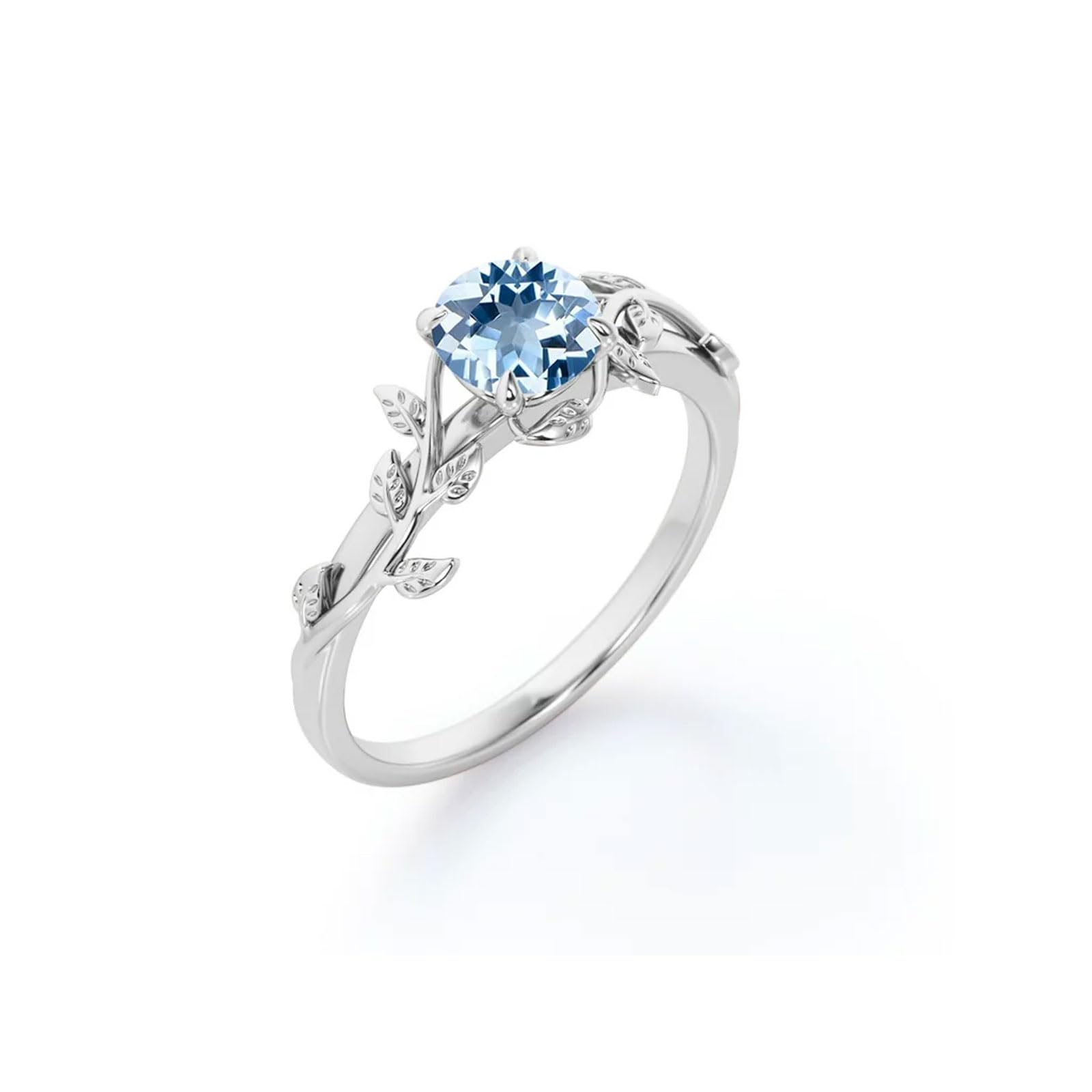 MRENITE Silver/10K/14K/18K Gold Vintage Vine Gemstone Ring for Women 1 Carat Twig Leaf Design Round Birthstone Statement Ring Jewelry Gift for Her