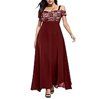 Women Plus Size Cold Shoulder Floral Lace Maxi Party Evening Long Dress Plus Size Colorful Dresses (A-Wine, XXXXXL)