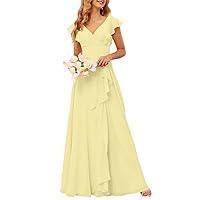 Ruffles Short Sleeve Bridesmaid Dress Long Chiffon A-Line Formal Dress