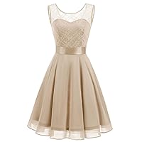 Women's Short Floral Lace Bridesmaid Dress A-line Swing Party Dress with Belt